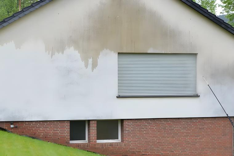 Hauswand mit dunklem Belag, ein Teil bereits gereinigt