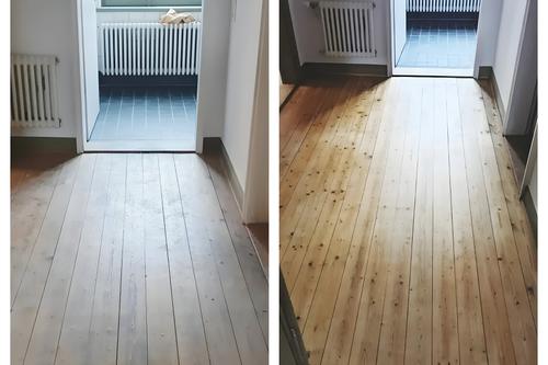 Holzdielenboden vor und nach der Aufbereitung im Vergleich